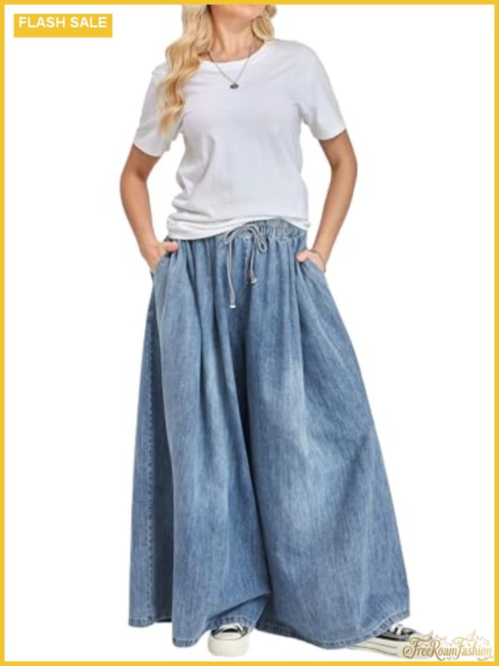 Wide Leg Denim Jeans for Women Elastic Waist Pockets Loose Casual Plus Size